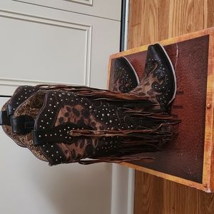 Corral Women's Leopard Stud & Fringe Western Boots - Snip Toe